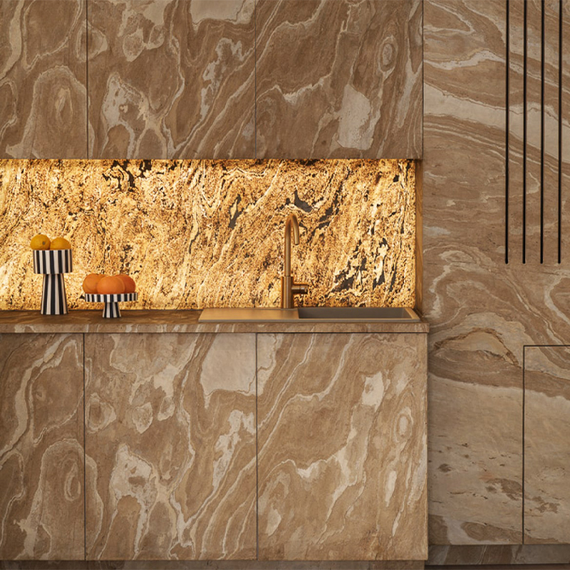 Crédence de cuisine rétroéclairée en feuille de pierre naturelle quartzite ou mica