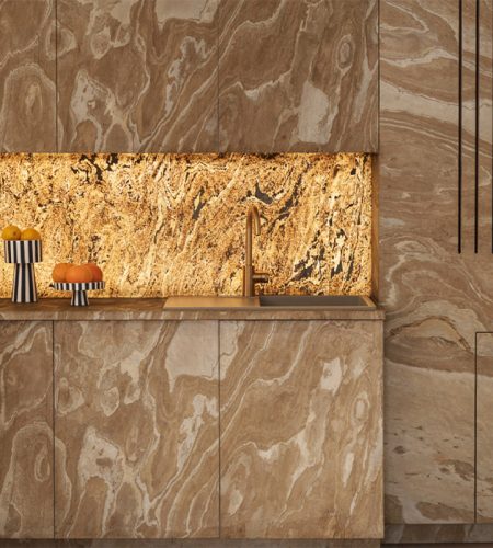 Crédence de cuisine en feuille de pierre naturelle ardoise ou quartzite avec rétroéclairage